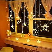 abordables Lumières de cordes solaires-Rideau lumineux en forme d&#039;étoile et de lune avec télécommande, 3,5 m, 138 LED, 8 modes, pour mariage, fête de Noël, extérieur, étanche, pour tente, chambre à coucher, salon, balcon, fenêtre,