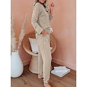 billiga Sovkläder till damer-pyjamasset för kvinnor ren färg mode grundläggande komfort hem daglig säng andas rund hals långärmad byxficka resår midja höst vinter hem outfits