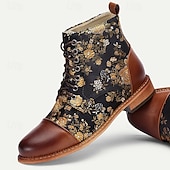 cheap Jacquard shoes-Men&#039;s Floral Jacquard and Brown Faux Leather Lace-Up Boots - Vintage Oxford Ankle Boots with Retro Style for Casual and Formal Wear