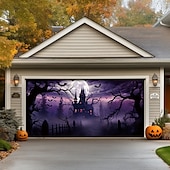 tanie Halloween pokrycie drzwi garażowych-dekoracje drzwi halloweenowych na zewnątrz halloweenowy baner na drzwi garażowe jack o lantern duży gobelin dekoracja tła na święta zewnętrzne drzwi garażowe dekoracje ścienne domu