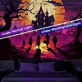 cheap Halloween Wall Tapestries-Halloween Blacklight Tapestry Haunted Castle UV Reactive Glow in the Dark Glow Party Trippy Misty Haunted House Hanging Tapestry Wall Art Mural for Living Room Bedroom