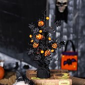 billige Halloween-kranser og blomsterdekorasjoner-Kunstig potteplante med halloween-gresskar og lønneblader, skummel dekorasjon med svart gresskartre, skummel halloween-borddekorasjon til hjem, fest, innendørs bruk