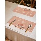 abordables Figuras coleccionables-Juego de 4 manteles individuales navideños de algodón y lino para mesa de Navidad de temporada de invierno con muñeco de nieve &amp;Diseño de reno para decoración de interiores y exteriores, para fiestas,