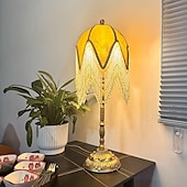 cheap Bedside Lamp-LED Table Lamp 3-Color Light Source Tassel Retro Fabric Bedside Lamp Premium Classic Victorian Style Nightstand Lamp with Beaded Fringe Trim for Bedroom Study 110-240V