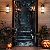 billige Halloween dørdeksler-halloween dørdekorasjoner halloween dørdeksler skummel dyster dør billedvev dør gardin dekorasjon bakteppe dør banner for inngangsdør gårdshus ferie fest innendørs utendørs dekor forsyninger