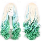 economico Parrucche di Carnevale-Parrucca ombre arcobaleno in capelli sintetici con frangia rossa gialla viola verde blu per donne nere Festa di Halloween Cosplay