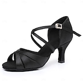 abordables Chaussures de danses latines-chaussures de danse de salon en satin noir pour femmes avec bride croisée et boucle en strass, talons confortables pour la danse latine et la salsa