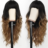 abordables Perruques Synthétiques Sans Bonnet-perruque avec frange longue perruque ondulée pour femme perruque en cheveux synthétiques pour une utilisation quotidienne en soirée
