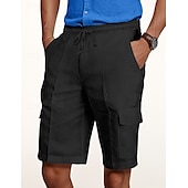 cheap Classic-Men&#039;s Cargo Shorts Shorts Linen Shorts Summer Shorts Beach Shorts Drawstring Elastic Waist Multi Pocket Plain Knee Length Outdoor Casual Daily Vacation Casual Black White Inelastic
