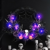 olcso Halloween kellékvilágítás-halloween koszorú műkoponyával és karácsonyi díszekkel - kísérteties lila virágos szőlőajtó függő kísértetjárta házhoz és félelmetes parti dekorációhoz