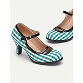 preiswerte 1950er Jahre-Damen Absätze Retro Mary Jane Arbeit Täglich Plaid Farbblock Schnalle Stöckelabsatz Runde Zehe Elegant Vintage PU Stoff Schnalle Schwarz / weiss Weiß und Grün Rot