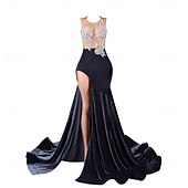cheap Weddings &amp; Events-Mermaid Evening Gown Elegant Dress Evening Party Engagement Court Train Sleeveless Jewel Neck Velvet with Appliques