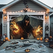 tanie Dekoracja Halloween-dekoracje drzwi halloweenowych na zewnątrz halloweenowa osłona drzwi garażowych baner jack o lantern dynia szkielet śmierć na zewnątrz duże tło dekoracja na święta zewnętrzne drzwi garażowe dekoracje