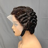 billiga Perukfronter av äkta hår, med nät-13x4 pixie cut peruk människohår blekta knutar spets frontal pixie peruk med baby hår lockigt bob kort pixie cut spets peruk