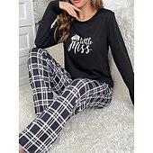 billiga Sovkläder till damer-kvinnors pyjamasset rutnät / rutig bokstav mode komfort hem daglig säng andas rund hals långärmad t-shirt t-shirt byxa resår midja höst vinter hem outfits