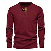 preiswerte Lässiges Henley-T-Shirt-Herren T-Shirt mit Knöpfen T Shirt Cordhemd Henley Hemd Langarm Henley Frühling &amp; Herbst Einfach Mode Designer Basic Urlaub Straße Ausgehen Schwarz Wein Braun Top T-Shirt für Herren