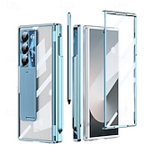 olcso Samsung-tokok-telefon Ügy Kompatibilitás Samsung Galaxy Z Hajtogatás 6 Z Fold 5 Z Fold 4 Z Fold 3 Fekete tok Állvánnyal és Képernyővédő Mágneses Retro Páncél PC Fém