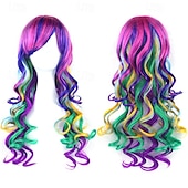 economico Parrucche di Carnevale-Parrucca ombre arcobaleno in capelli sintetici con frangia rossa gialla viola verde blu per donne nere Festa di Halloween Cosplay