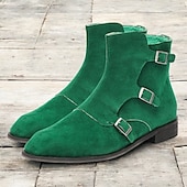 cheap Dress Boots-Men&#039;s Green Suede Buckle Ankle Boots - Stylish Vintage Design for Casual and Formal Wear