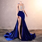 cheap Weddings &amp; Events-Mermaid Evening Gown Elegant Dress Evening Party Engagement Court Train Sleeveless Jewel Neck Velvet with Appliques