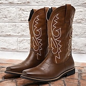 levne Cowboy &amp; Western Boots-pánské klasické hnědé westernové kovbojské boty – odolná kůže s detailní výšivkou pro outdoorové i běžné nošení