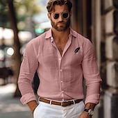 voordelige Zakelijk Casual-Voor heren linnen overhemd Blad Buiten Vakantie Wit Blozend Roze Groen Grijs Lange mouw Kraag Lente &amp; Herfst Kleding Dichtknopen