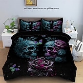 cheap Duvet Cover Sets-Gothic Cool Skull Floral Print 3-Piece Duvet Cover Set Bedding Set - Unique and Artistic Design - Includes Duvet Cover and Pillowcases - Soft and Durable Fabric - Perfect for Adding an Edgy Touch to Your Bedroom Decor