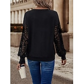 preiswerte Elegante Oberteile-Damenbluse stilvoll modern einfarbig Spitze Öse Langarm V-Ausschnitt täglich schwarz weiß Frühling Herbst