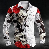 cheap Men&#039;s Printed Shirts-Men&#039;s Rose Skull Button Up Shirt Long Sleeve Casual Dark Party Evening Wear Daily Fall Winter Spring &amp; Summer Shirt Collar Button Up 3D Print Black White Blue Purple Green