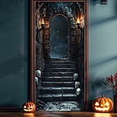 billige Halloween dørdeksler-halloween dørdekorasjoner halloween dørdeksler skummel dyster dør billedvev dør gardin dekorasjon bakteppe dør banner for inngangsdør gårdshus ferie fest innendørs utendørs dekor forsyninger