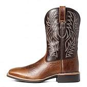 cheap Cowboy &amp; Western Boots-Men&#039;s Brown Western Cowboy Boots with Embroidered Shaft, Durable Faux Leather for Ranch and Casual Wear