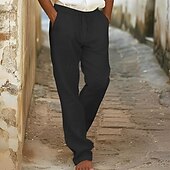 cheap Holiday-Men&#039;s Linen Pants Trousers Summer Pants Beach Pants Pocket Drawstring Elastic Waist Plain Comfort Breathable Daily Holiday Vacation Hawaiian Boho Black White