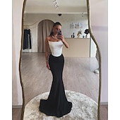 abordables NOIR-Robe de soirée sirène Noire Corsets Robe Formelle Longueur au sol Sans manches Sans bretelles Crêpe extensible Sans dos avec fronces Robe de bal masqué
