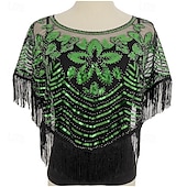 baratos Xailes-xale vintage glamour - respirável, enfeitado com lantejoulas, com borlas, estilo elegante estilo flapper com casaco combinando para uso noturno feminino - fino, curto, design de bata, perfeito para