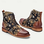 cheap Jacquard shoes-Men&#039;s Floral Jacquard and Brown Faux Leather Lace-Up Boots - Vintage Oxford Ankle Boots with Retro Style for Casual and Formal Wear