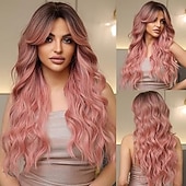 cheap Synthetic Trendy Wigs-Long Wavy Wigs for Women Natural Synthetic Curly Wig Heat Resistant Fiber Wigs for Daily Cosplay