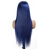 economico Parrucche lace front capelli veri-Parrucca frontale in pizzo blu 13x4 con capelli umani, parrucca frontale in pizzo trasparente con capelli lisci, densità 150%
