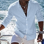 cheap Vacation-Men&#039;s Shirt Linen Shirt Summer Shirt Beach Shirt Plain Vacation Curise Black White Pink Blue Long Sleeve Lapel Spring &amp; Summer Clothing Apparel Basic