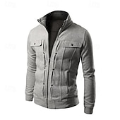 baratos Casacos &amp; Sobretudos para Homem-Homens jaqueta leve jaqueta de verão Jaqueta de Camisa Jaqueta de Transição Rua Roupa Diária Manter Quente Zíper Bolsos Outono &amp; inverno Tecido Moda Clássico Colarinho Clerical Padrão Cinzento Escuro