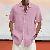 voordelige Vakantie-Voor heren linnen overhemd Zomer overhemd Strand Kleding Overhemd met knopen Effen Vakantie Curise Zwart Wit blauw Licht Paars Korte mouw Strijkijzer Lente &amp; Herfst Kleding Button-omlaag