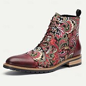 cheap Premium Leather Boots-Men&#039;s Premium Leather Floral Oxford Boots – Vintage Paisley Design, Bohemian Lace-Up Ankle Boots for Casual &amp; Formal Occasions