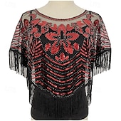 baratos Xailes-xale vintage glamour - respirável, enfeitado com lantejoulas, com borlas, estilo elegante estilo flapper com casaco combinando para uso noturno feminino - fino, curto, design de bata, perfeito para