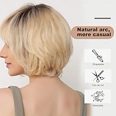 ieftine Peruci fără Capac din Păr Uman-Blendul părului uman Perucă Scurt Drept natural Frizură Pixie Partea laterală Frizură în Straturi Frizură Asimetrică Maro Cosplay Ondulator și îndreptător Linia naturală de păr Fără calotă Păr
