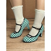 preiswerte 1950er Jahre-Damen Absätze Retro Mary Jane Arbeit Täglich Plaid Farbblock Schnalle Stöckelabsatz Runde Zehe Elegant Vintage PU Stoff Schnalle Schwarz / weiss Weiß und Grün Rot