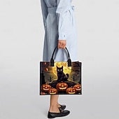 tanie Torby-torba typu tote z motywem Halloween z czarnym kotem i motywem dyni - duża pojemność, wielokrotnego użytku torba na zakupy dla kobiet