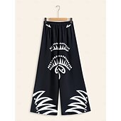 economico pantaloni da donna-pantaloni neri con stampa a gamba larga in raso