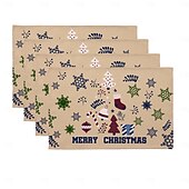 abordables Figuras coleccionables-Juego de 4 manteles individuales navideños de algodón y lino para mesa de Navidad de temporada de invierno con muñeco de nieve &amp;Diseño de reno para decoración de interiores y exteriores, para fiestas,