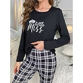 billiga Sovkläder till damer-kvinnors pyjamasset rutnät / rutig bokstav mode komfort hem daglig säng andas rund hals långärmad t-shirt t-shirt byxa resår midja höst vinter hem outfits