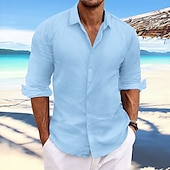 cheap Vacation-Men&#039;s Linen Shirt Summer Shirt Beach Wear Casual Shirt Button Up Shirt Plain Casual Daily Light Yellow White Pink Dark Navy Long Sleeve Spring &amp; Summer Clothing Apparel