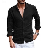 preiswerte Klassiker-Herren leinenhemd Sommerhemd Strandbekleidung Lässiges Hemd Knopfhemd Glatt Casual Täglich Schwarz Weiß Hellhimmelblau Grau Langarm Lagerkragen Frühling Sommer Bekleidung